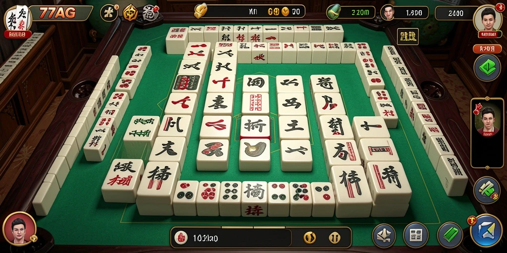 Tampilan gameplay <strong>77AG</strong> dengan ubin Mahjong yang berwarna-warni.