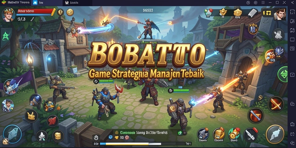 Screenshot gameplay BOBATOTO menampilkan pembangunan kerajaan dan strategi pertempuran.