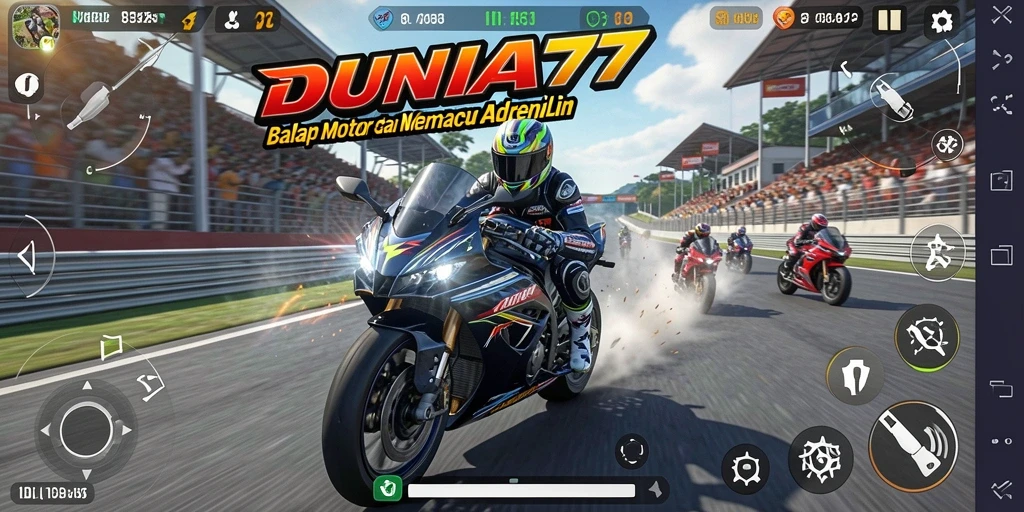 Screenshot gameplay DUNIA77 menampilkan aksi balap motor yang mendebarkan.