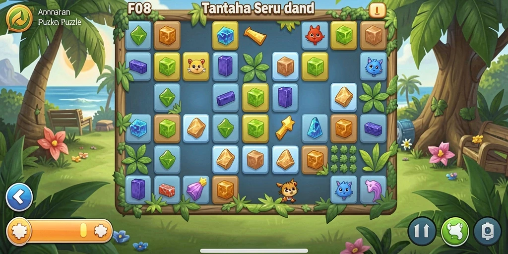 Screenshot utama F08 menampilkan gameplay seru dalam menyelesaikan teka-teki Puzzle.
