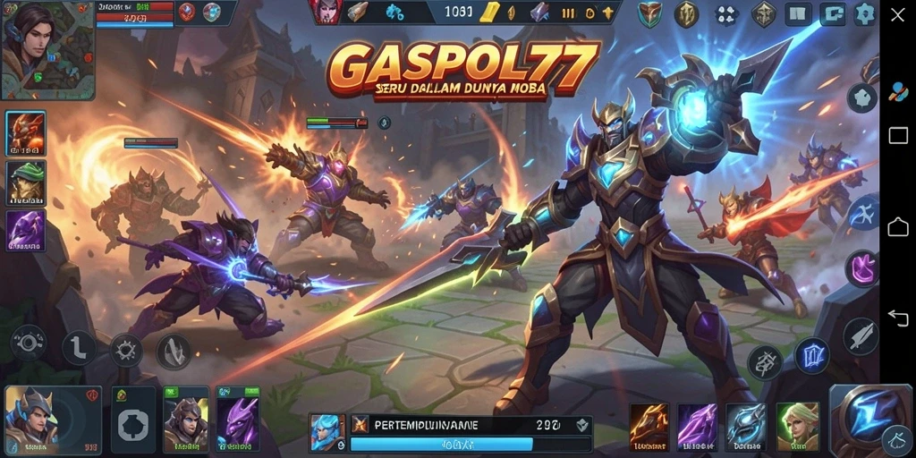 Screenshot utama GASPOL77 menampilkan aksi pertempuran seru dalam arena MOBA.