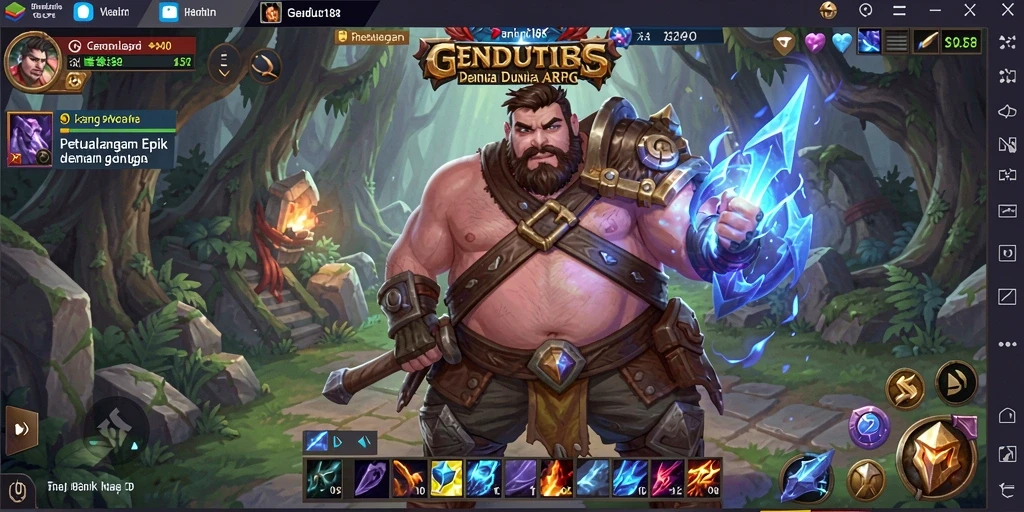 Screenshot gameplay GENDUT188 dengan pertarungan epik di dunia fantasi.