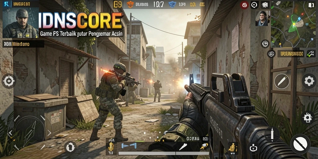 Tangkapan layar gameplay IDNSCORE dengan aksi menegangkan dalam pertempuran FPS.