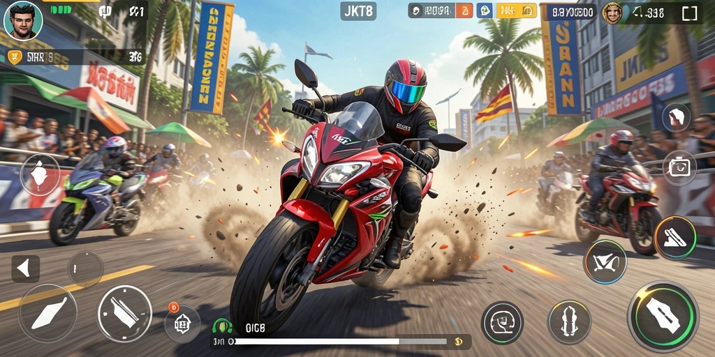Tampilan gameplay mendebarkan dari JKT8 dengan balapan motor.
