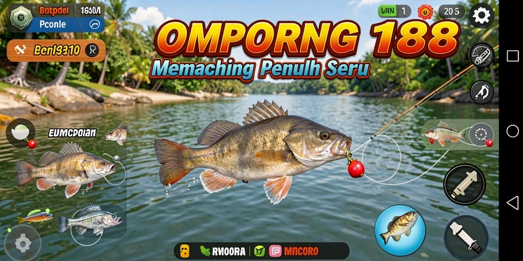 Screenshot OMPONG188 menampilkan pemain menangkap ikan di perairan yang indah.