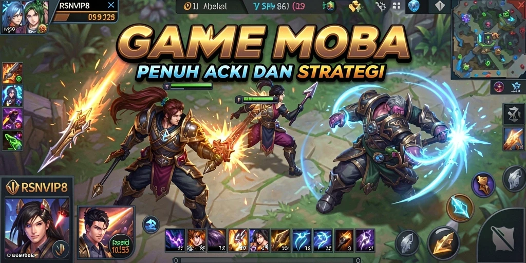 Screenshot RSNVIP8 menampilkan pertempuran seru dalam game MOBA.